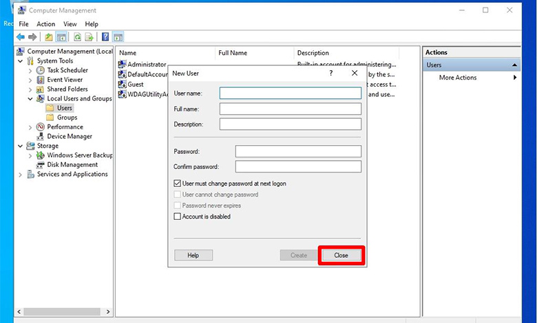 مرحله ۴ نحوه ایجاد یوزر در ویندوز سرور - بستن پنجره وارد کردن نام کاربری و پسورد