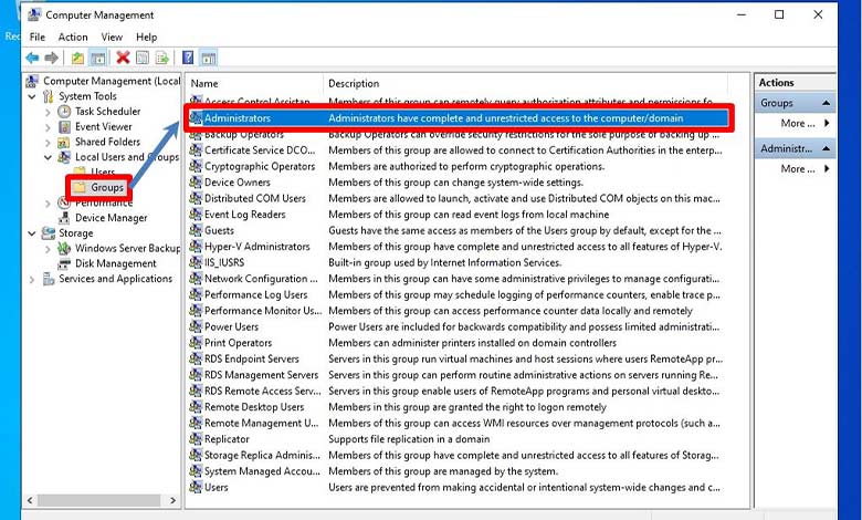 پنجره Computer Management و بخش Groups