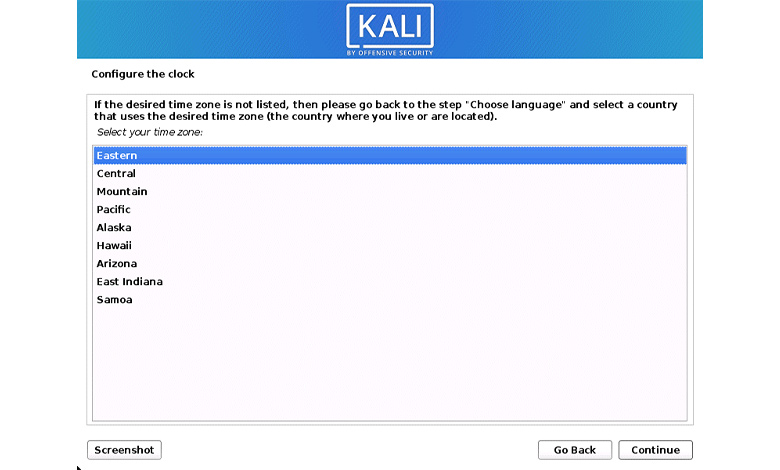 مرحله هشتم آموزش نصب کالی لینوکس - انتخاب منطقه زمانی