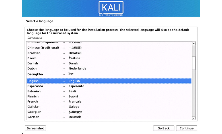 مرحله دوم آموزش نصب کالی لینوکس - انتخاب زبان نصب و نیز زبان سیستم‌عامل
