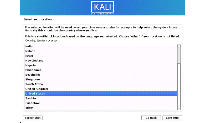 مرحله سوم آموزش نصب کالی لینوکس - انتخاب مکان جغرافیایی