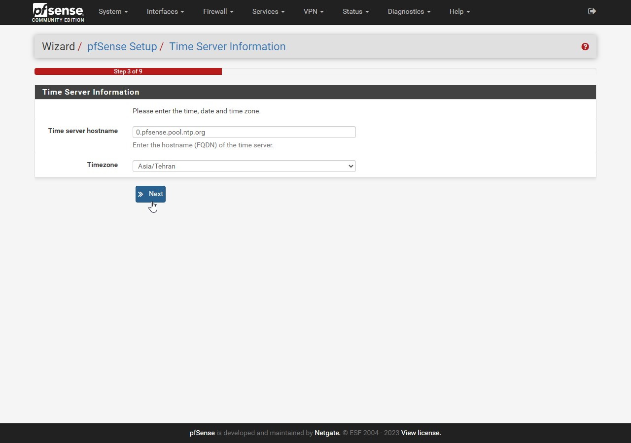 آموزش نصب pfsense - صفحه تعیین منطقه زمانی